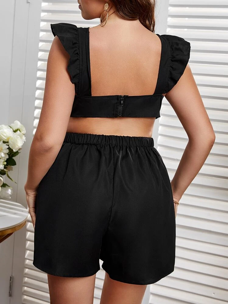 SHEIN Privé Plus Ruffle Trim Cut Out Waist Romper - Black - View 2