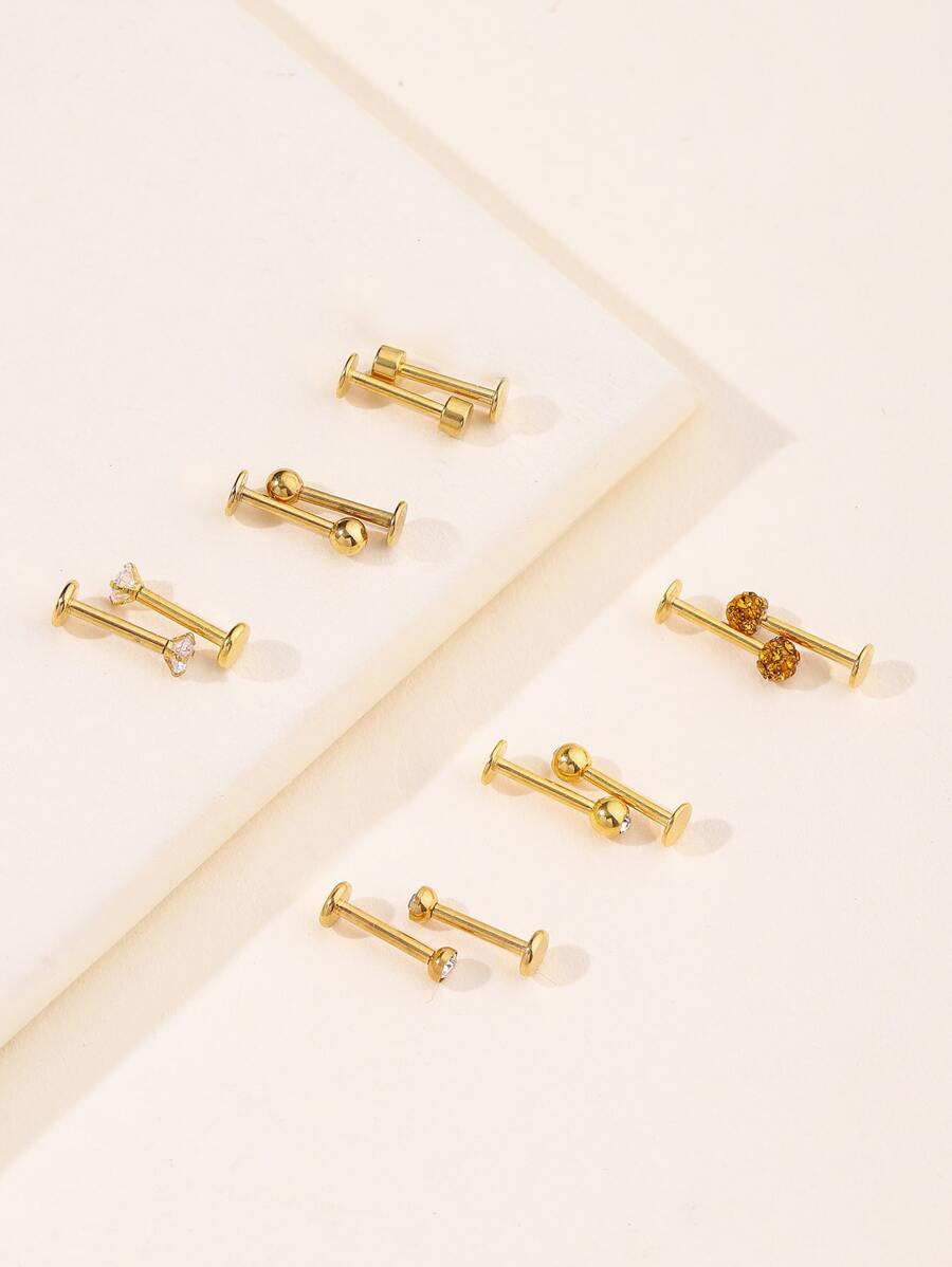 完美穿孔12入組/套水鑽和圓球裝飾面部穿孔不銹鋼男女款無需穿孔隔墊身體首飾