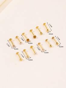 完美穿孔12入組/套水鑽和圓球裝飾面部穿孔不銹鋼男女款無需穿孔隔墊身體首飾