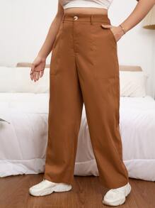 SHEIN Essnce Plus Slant Pocket Wide Leg Trousers - Brown - View 3