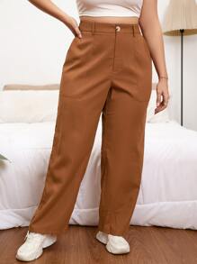 SHEIN Essnce Plus Slant Pocket Wide Leg Trousers - Brown - View 1