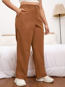 SHEIN Essnce Plus Slant Pocket Wide Leg Trousers - Brown - View 4