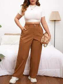 SHEIN Essnce Plus Slant Pocket Wide Leg Trousers - Brown - View 5
