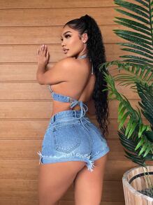 Raw Hem Denim Shorts - Medium Wash - View 2