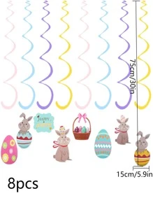 8 piezas/set de decoración de remolino colgante de plástico, decoración colgante de huevo y conejo de dibujos animados para Pascua