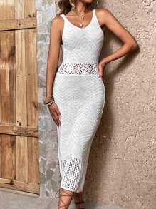 Hollow Out Cover Up Dress Without Bikini For Summer Beach Vacation - Beige - View 6