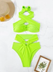 Bộ bikini cạp cao màu neon đi biển mùa hè Criss Cross Halter - Màu xanh chanh - Xem 5