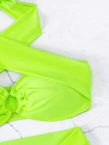 Bộ bikini cạp cao màu neon đi biển mùa hè Criss Cross Halter - Màu xanh chanh - Xem 3