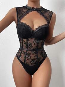 SHEIN Unity Cut Out Lace Bodysuit Without Panty - Black - View 1