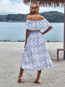 SHEIN VCAY Allover Print Off Shoulder Ruffle Trim Split Thigh Dress - Baby Blue - View 2