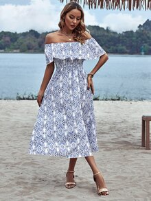SHEIN VCAY Allover Print Off Shoulder Ruffle Trim Split Thigh Dress - Baby Blue - View 5