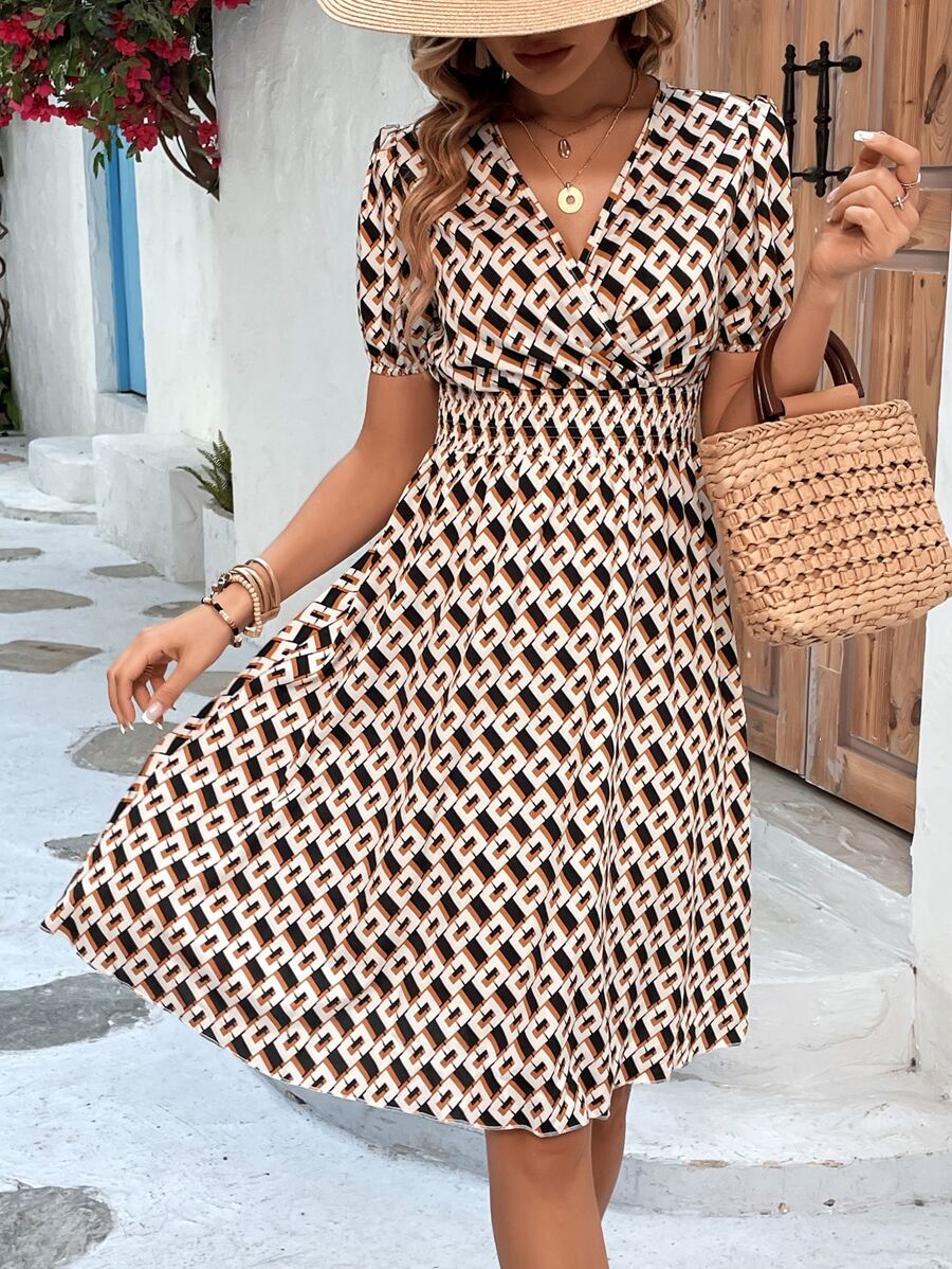 SHEIN Clasi Allover Print Puff Sleeve Wrap Detail Dress - Multicolor - View 1