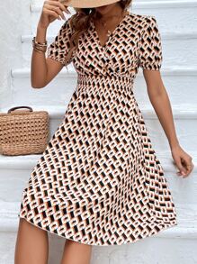 SHEIN Clasi Allover Print Puff Sleeve Wrap Detail Dress - Multicolor - View 6