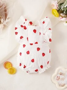 嬰兒草莓圖案荷葉邊背帶連體衣 - 白色 - 查看 1