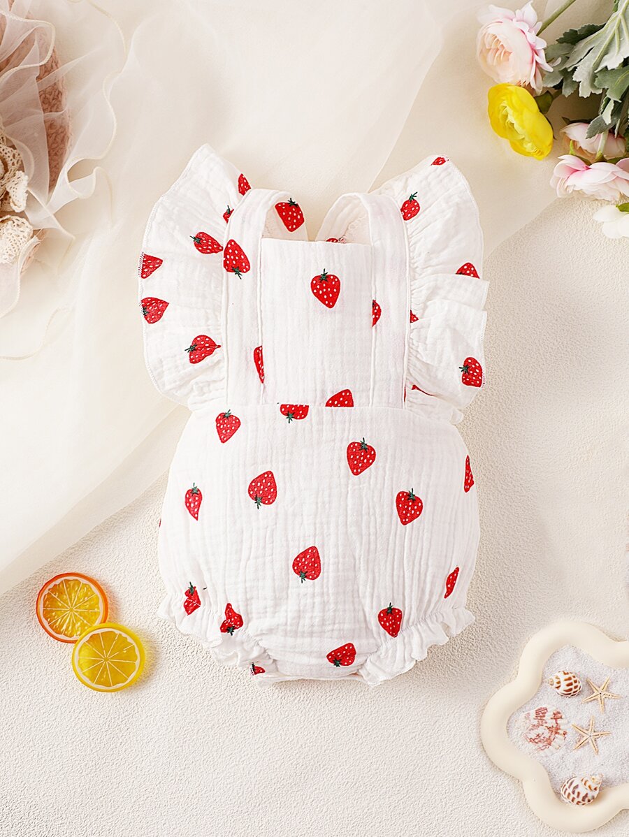 嬰兒草莓圖案荷葉邊背帶連體衣 - 白色 - 查看 1