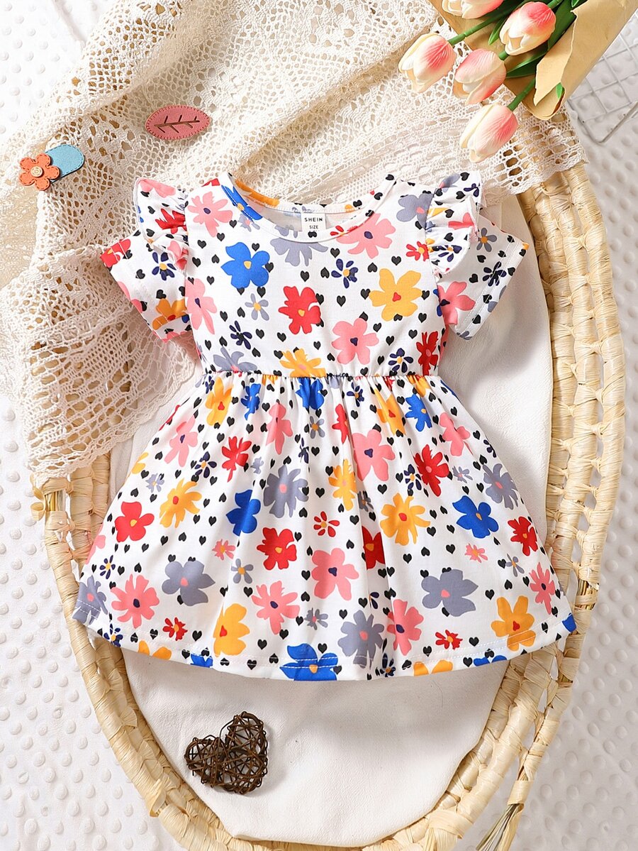 Bebé Vestido con estampado floral ribete con fruncido