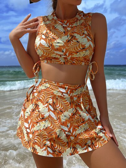 Tropisches Muster Bikini-Set mit Tunnelzug an den Seiten und Strandrock für den Sommer