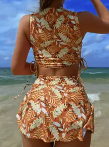 热带印花抽绳侧比基尼套装带沙滩裙夏季海滩 - 彩色 - 查看 2