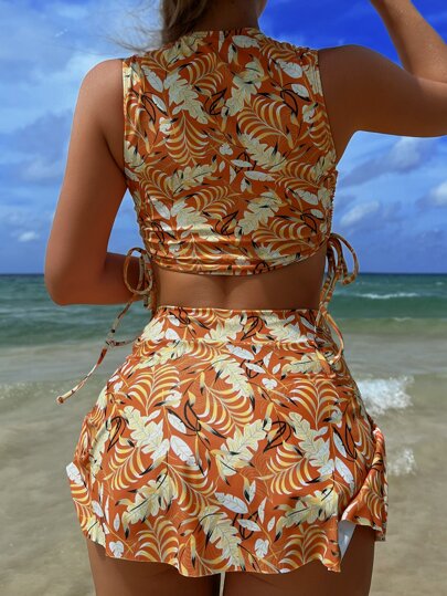 Conjunto de bikini con estampado tropical, cordón lateral y falda de playa para verano