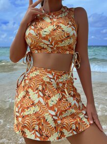 热带印花抽绳侧比基尼套装带沙滩裙夏季海滩 - 彩色 - 查看 5