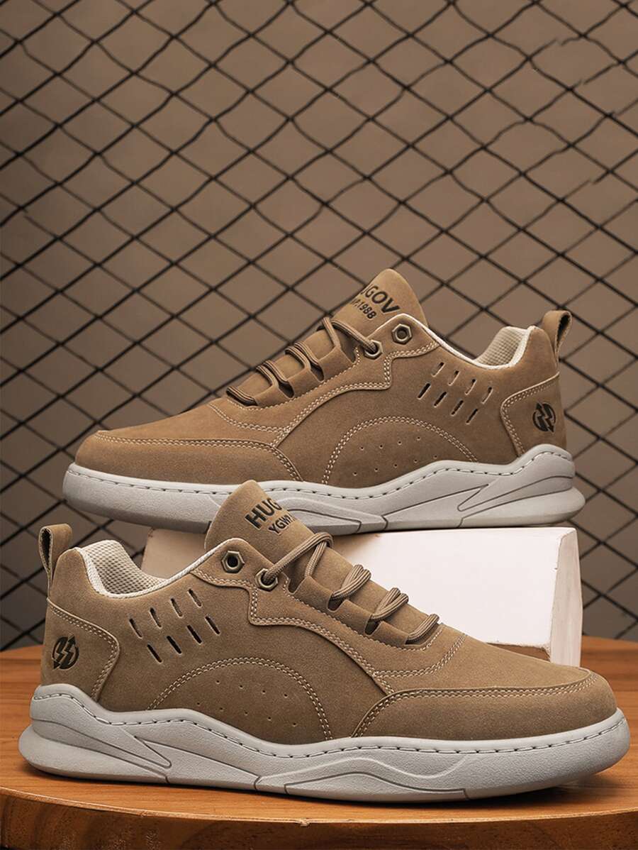 男士字母細節跑步鞋前綁帶運動鞋 - 卡其色 - 查看 1