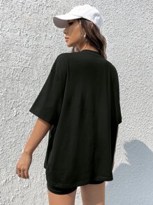 SHEIN EZwear Casual White Numeric & English Print Oversized Black Round Neck Short Sleeve T-Shirt For Women, Suitable For Summer