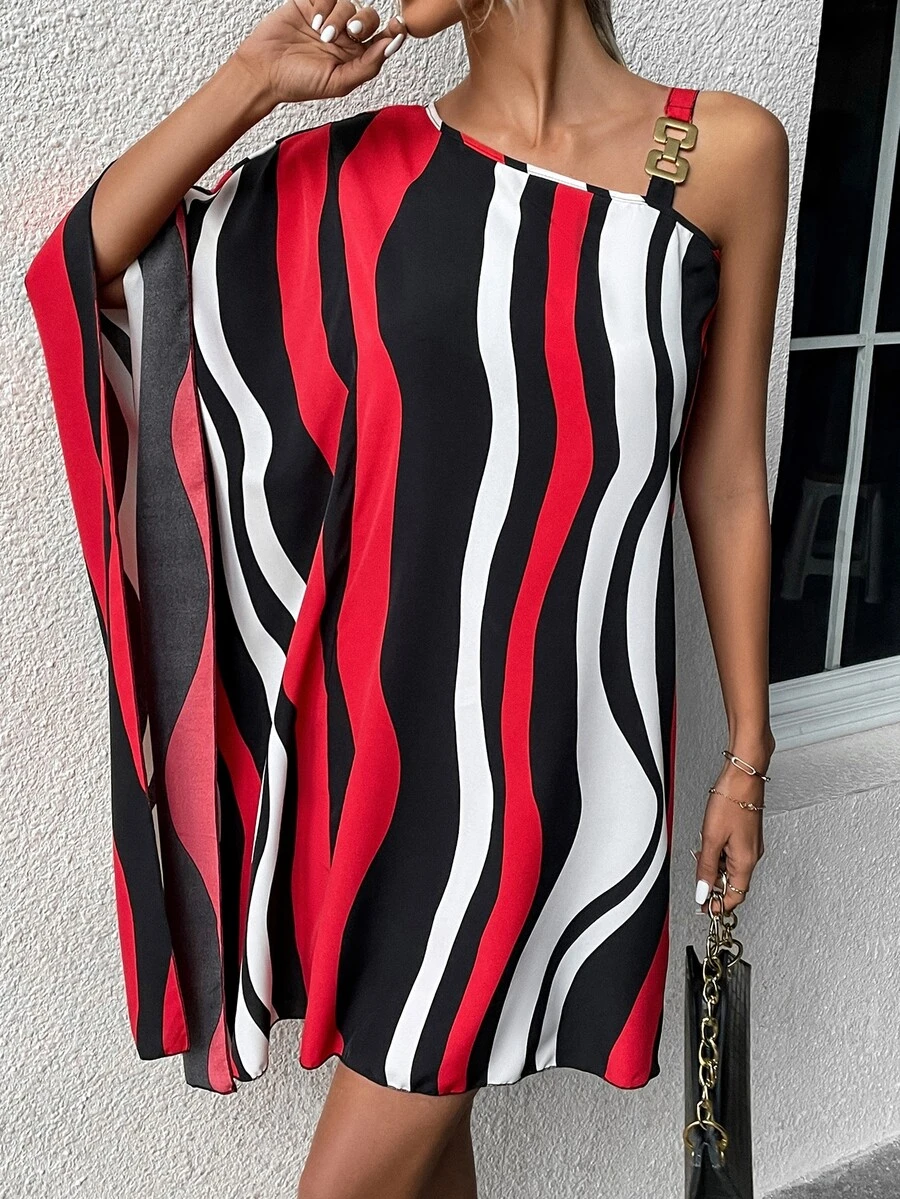 SHEIN Clasi Wave Striped Asymmetrical Neck Batwing Sleeve Dress - Multicolor - View 1