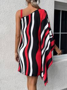 SHEIN Clasi Wave Striped Asymmetrical Neck Batwing Sleeve Dress - Multicolor - View 2