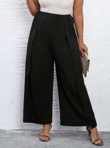 SHEIN Clasi Plus Solid Split Thigh Wide Leg Trousers - Black - View 1