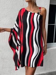 SHEIN Clasi Wave Striped Asymmetrical Neck Batwing Sleeve Dress - Multicolor - View 4