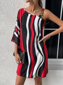 SHEIN Clasi Wave Striped Asymmetrical Neck Batwing Sleeve Dress - Multicolor - View 5