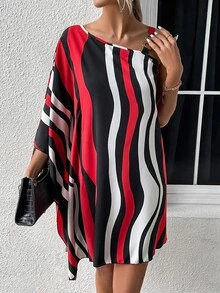 SHEIN Clasi Wave Striped Asymmetrical Neck Batwing Sleeve Dress - Multicolor - View 6