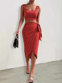 SHEIN Privé Áo ba lỗ liền thân & Chân váy thắt nút bên hông - Màu Cam cháy - Xem 1