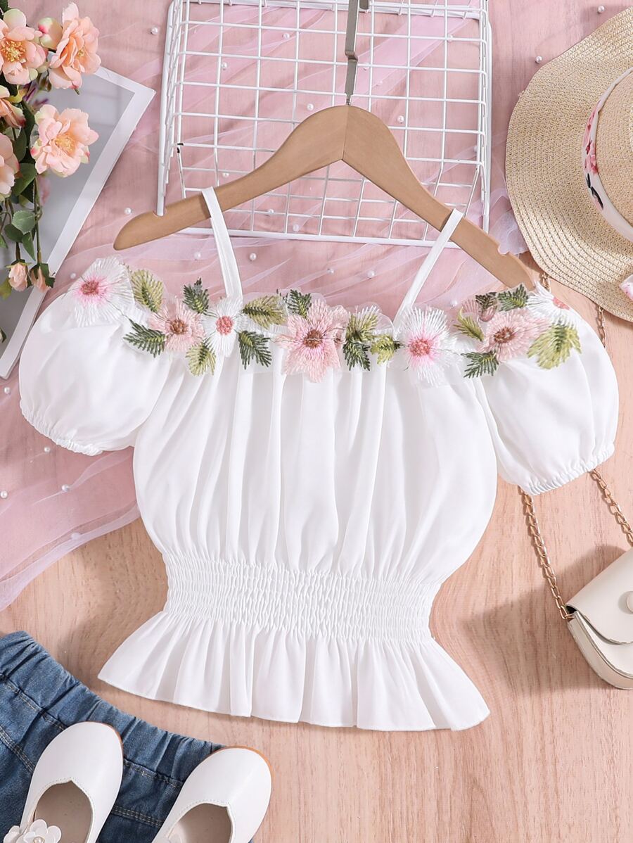 SHEIN 女孩貼花挖肩荷葉邊下擺腰襯衫 - 白色 - 查看 1