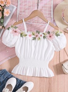 SHEIN 女孩貼花挖肩荷葉邊下擺腰襯衫 - 白色 - 查看 2