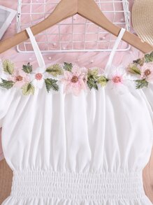 SHEIN 女孩貼花挖肩荷葉邊下擺腰襯衫 - 白色 - 查看 3