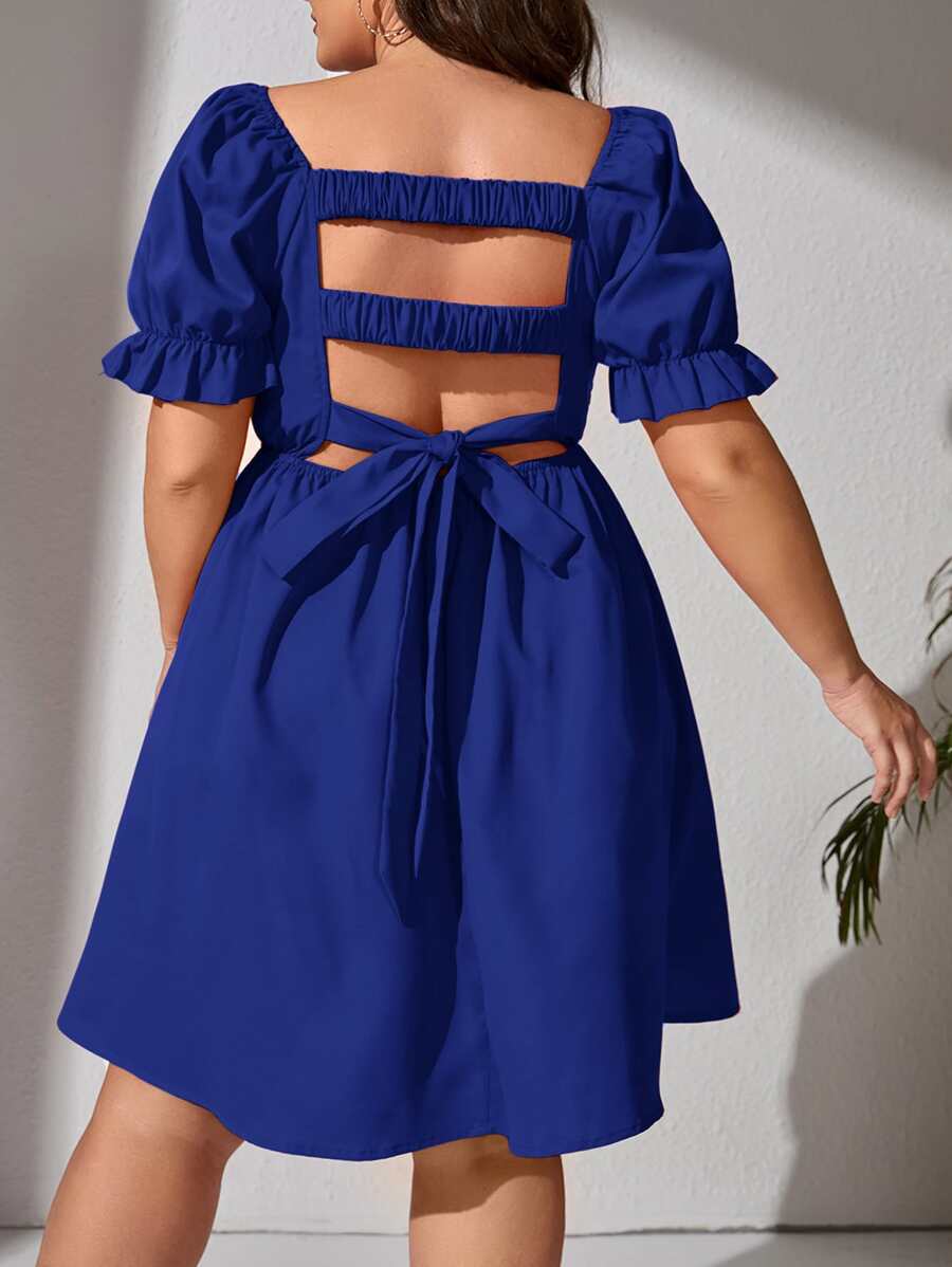 Dreamara Plus Tie Backless Ruched Bust Puff Sleeve Dress