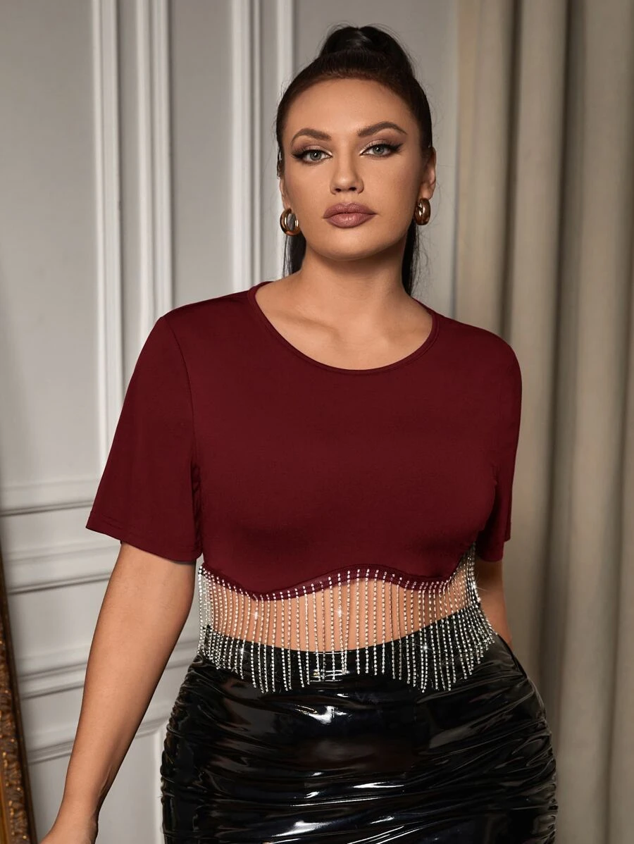 大碼水鑽流蘇下擺短款上衣 - 酒紅色 - 查看 1