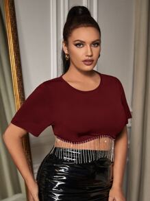 大碼水鑽流蘇下擺短款上衣 - 酒紅色 - 查看 5