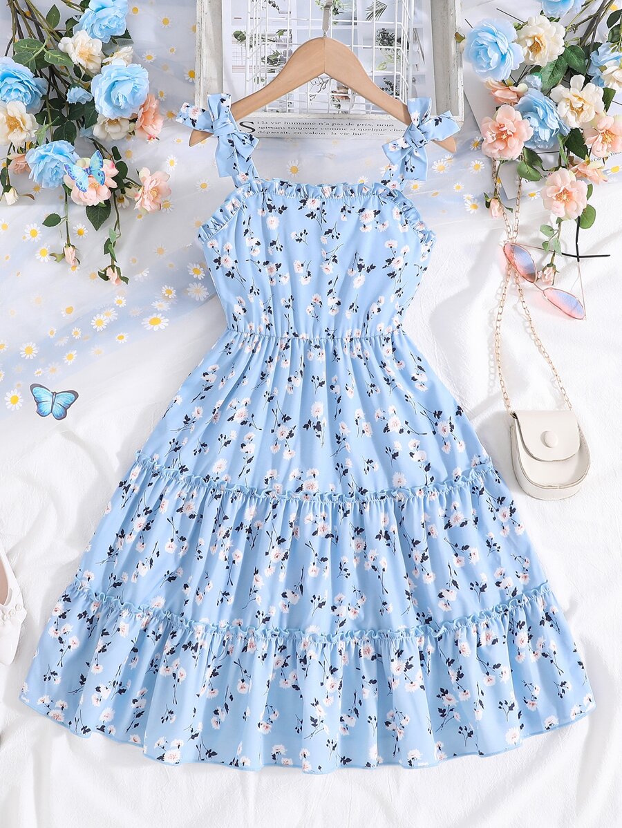 Sparklyn Tween Girl Ditsy Floral Print Frill Trim Bow Shoulder Cami Dress Summer Holiday - Baby Blue - View 1