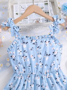 Sparklyn Tween Girl Ditsy Floral Print Frill Trim Bow Shoulder Cami Dress Summer Holiday - Baby Blue - View 3