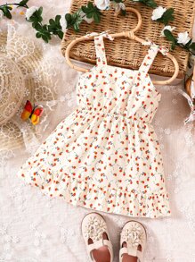 嬰兒小碎花肩部蝴蝶結荷葉邊吊帶連衣裙 - 杏色 - 查看 1