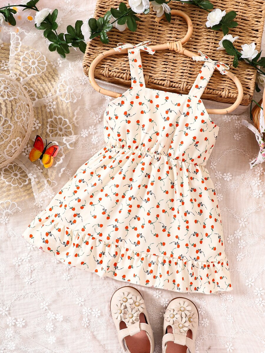 嬰兒小碎花肩部蝴蝶結荷葉邊吊帶連衣裙 - 杏色 - 查看 1