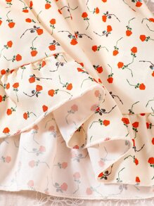 嬰兒小碎花肩部蝴蝶結荷葉邊吊帶連衣裙 - 杏色 - 查看 4