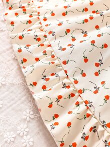 嬰兒小碎花肩部蝴蝶結荷葉邊吊帶連衣裙 - 杏色 - 查看 5