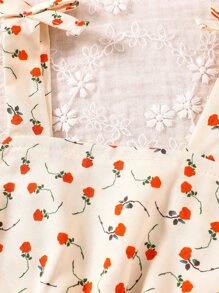 嬰兒小碎花肩部蝴蝶結荷葉邊吊帶連衣裙 - 杏色 - 查看 6