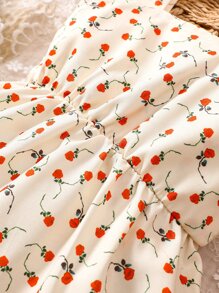 嬰兒小碎花肩部蝴蝶結荷葉邊吊帶連衣裙 - 杏色 - 查看 7