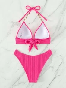 SHEIN Swim 夏季海滩单色比基尼套装链式吊带聚拢文胸和比基尼 2 件套比基尼 - 粉色 - 查看 2