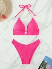 SHEIN Swim 夏季海滩单色比基尼套装链式吊带聚拢文胸和比基尼 2 件套比基尼 - 粉色 - 查看 4