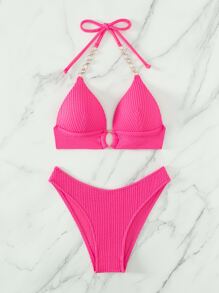 SHEIN Swim 夏季海滩单色比基尼套装链式吊带聚拢文胸和比基尼 2 件套比基尼 - 粉色 - 查看 5